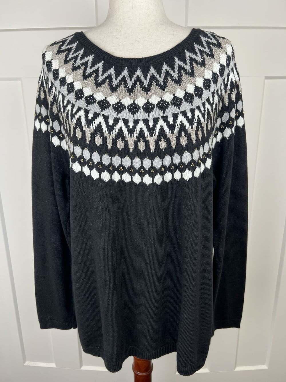 J.Jill Fair Isle Sweater XL Metallic Gold Silver Beaded Black Winter Holiday